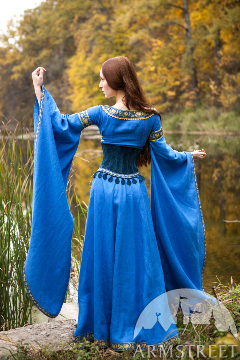 Robe de lin bleu médiévale à manches larges